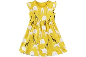 Bumeex Toddler Girls Cotton Casual Cartoon Print Short Sleeve Dresses 1-7 Year