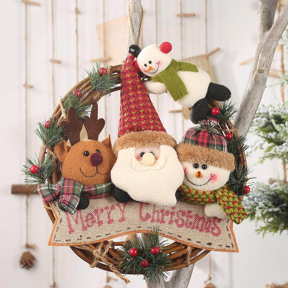 Christmas Rattan Wreath Christmas Front Door Hanging Garland Cute Santa Claus Reindeer Snowmen Christmas Garland Pendant Hand-Woven Hanging Ornament Decoration Accessory for Home Kitchen Wall Window