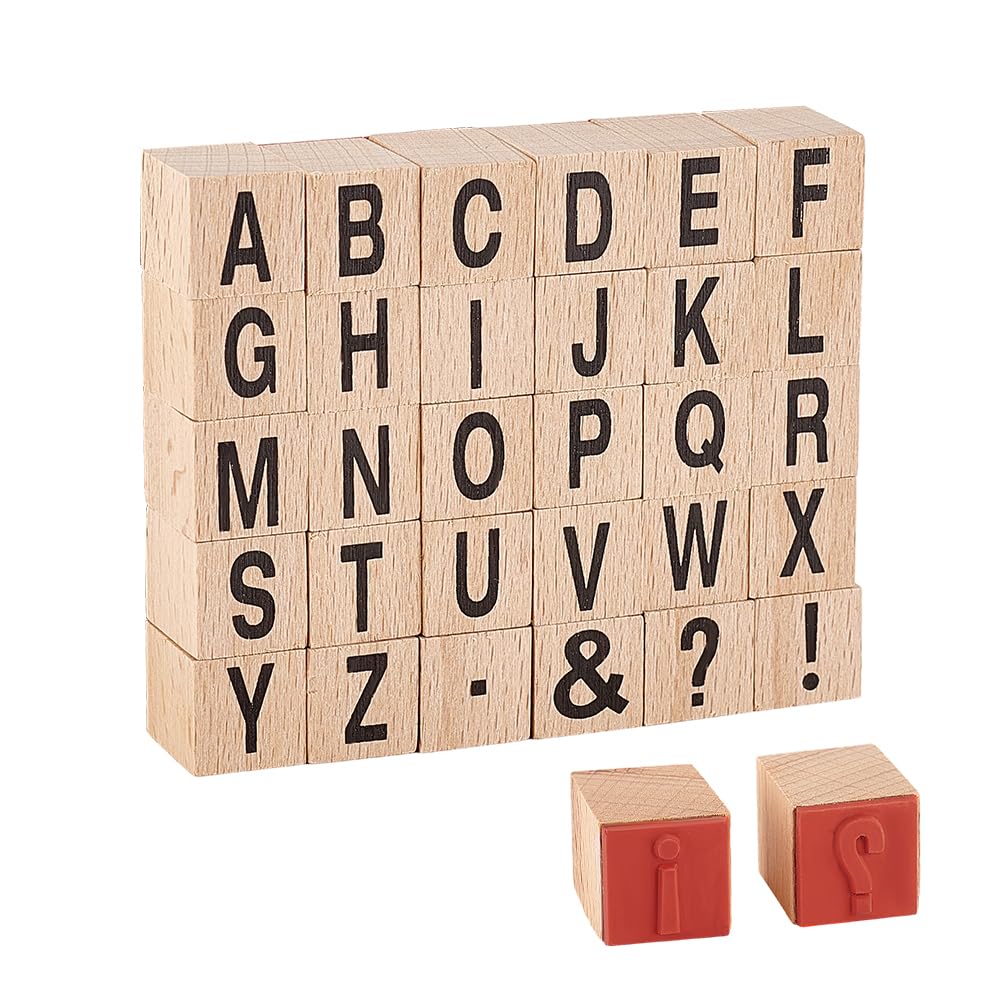 PH PandaHall 30pcs Capital Letters Wooden Stamps, A~Z Letter Wood Stamp Blocks Vintage Wooden Alphabet Letters Symbol Stamps for Craft Journaling Letter Diary and Scrapbooking Card Making, 2.4x1.5cm