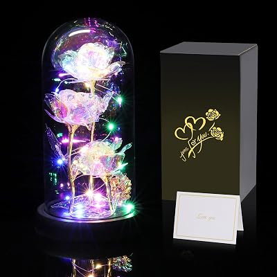 Touloube Light Up Galaxy Rose Gift for Women, Glass Dome, Romantic Decor