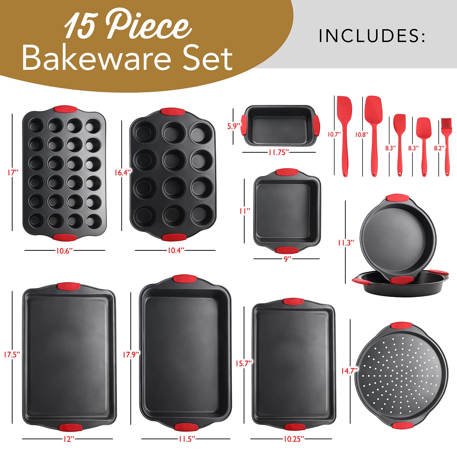 Baking Pan Set, 15 Piece Premium Baking Set, Nonstick Bakeware Sets BPA Free, Cookie Sheets for Baking Nonstick Set, Steel Baking Sheets for Oven with Muffin Pan, Cake Pan & Black Kitchen Utensils