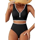 Herseas High Waisted Bikini Sets for Women - Textured Whip Stitch 2 Piece Swimsuit Bestselling Summer Beach Bathing Suit
