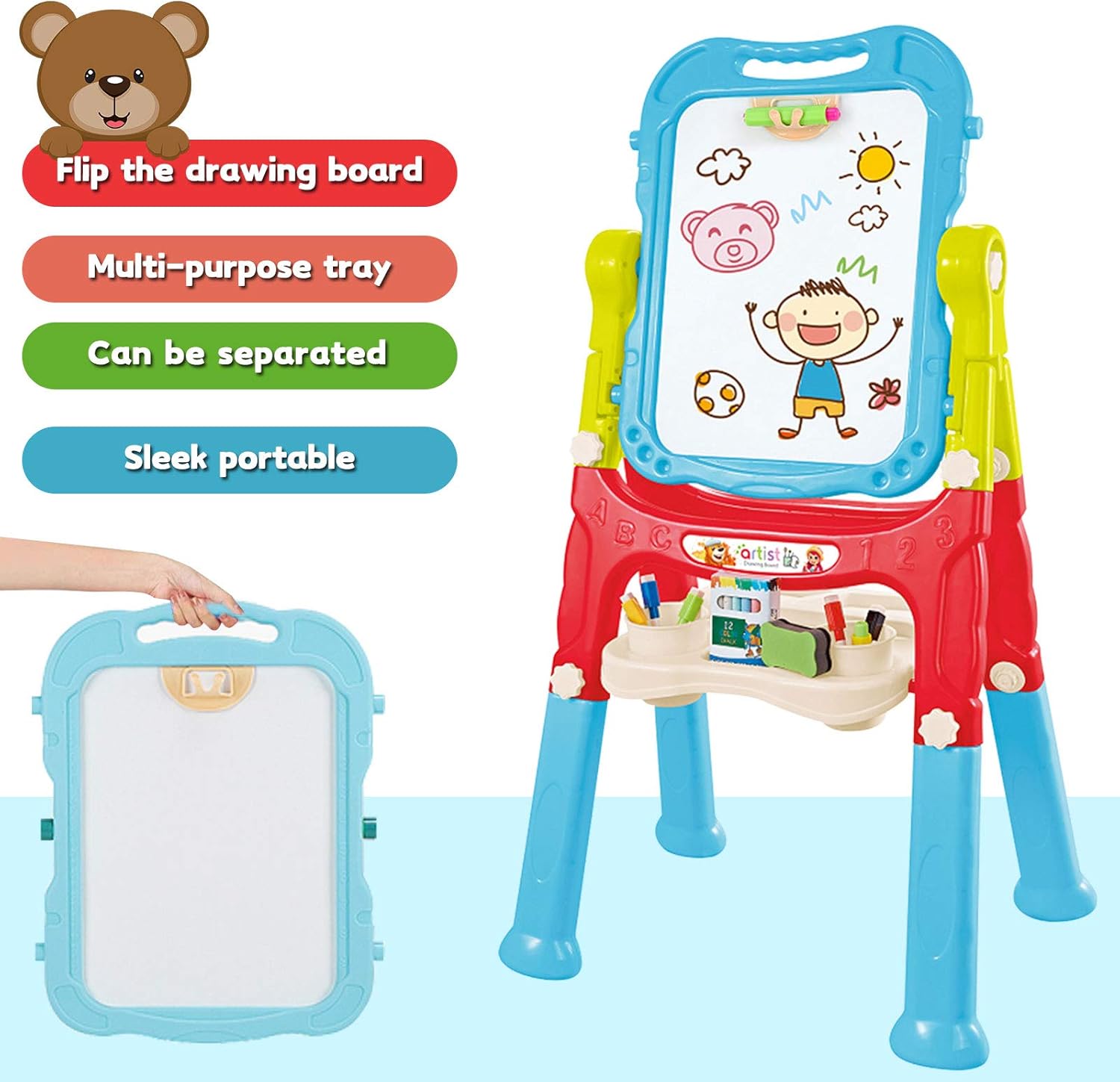 Mojitodon Easel for Kids,Rotatable Double Sided Easel for Kids Adjustable Standing Art Easel with Painting Accessories for Toddlers Boys and Girls-Blue: Home & Kitchen