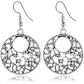 KaFu Bohemian Vintage Handmade Lightweight Silver Hollow Dangle Drop Earrings Gypsy Lightweight Filigree Disc Charm Ethnic Tribal Hoop Earrings for Women Girls