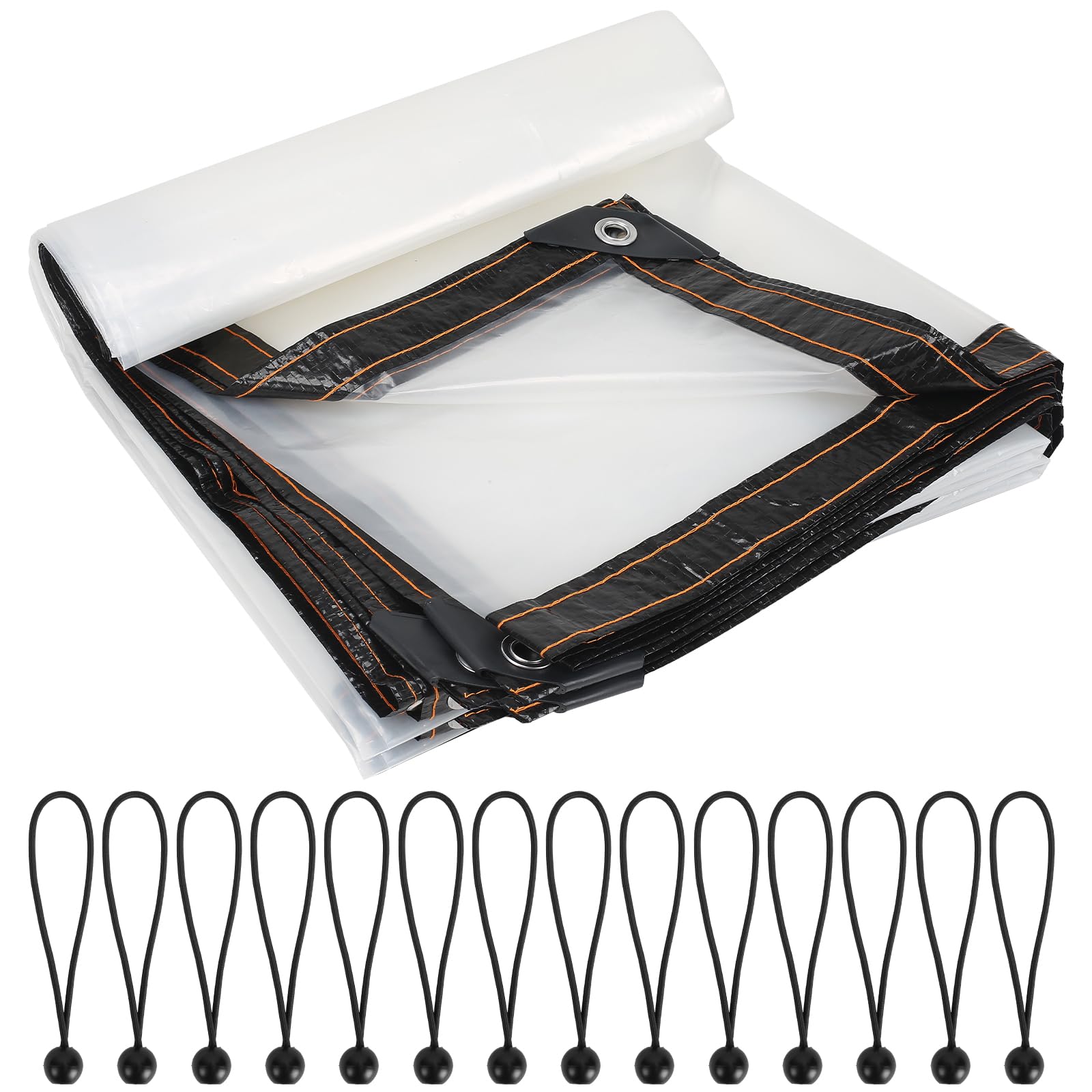 Luabue 2M X 5M Clear Tarpaulin Waterproof Heavy Duty Large Transparent Tarpaulin Sheet with Eyelets Plastic Tarp Cover with 14Pcs Bungees Ball Cord for Greenhouse Garden Outdoor Furniture Chicken Shed