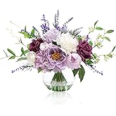 Artificial Flowers in Vase for Home Decor, Fake Lavender & Silk Peony Flower Bouquet Centerpieces in Glass Vase with Fake Water for Party Wedding Dinning Table Office Hotel Decor (Lavender Mixed Plus)
