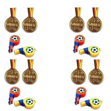 Kaufen-schenken-spielen 8 Fußball-Trillerpfeifen + 8 Medaillen Kindergeburtstag Sport Bunt
