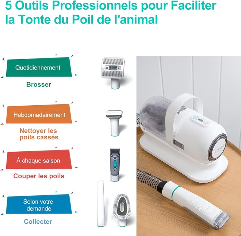 P1 Pro Brosse Chat, Brosse Chien, Tondeuse professionnelle pour chats et chiens, Aspirateur de poils 13000 Pa, Silencieuse 52 dB, 5 Outils de toilettage pour poils courts, longs et épais
