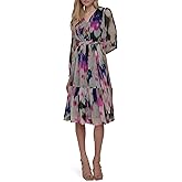 DKNY Womens Long Sleeve V-Neck Tie Waist Midi Dress