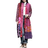 Women's Boho Floral Patchwork Fleece Coat Loose Long Fit Button Camo Trench Jacket with for Fall & Winter