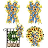 Estivaux 2 Pieces Spring Sunflowers Bows for Wreath, Summer Wreath Bows Yellow White Buffalo Plaid Bows Blue Burlap Bows Holiday Craft Bows for Front Door Birthday Party Farmhouse Decorations