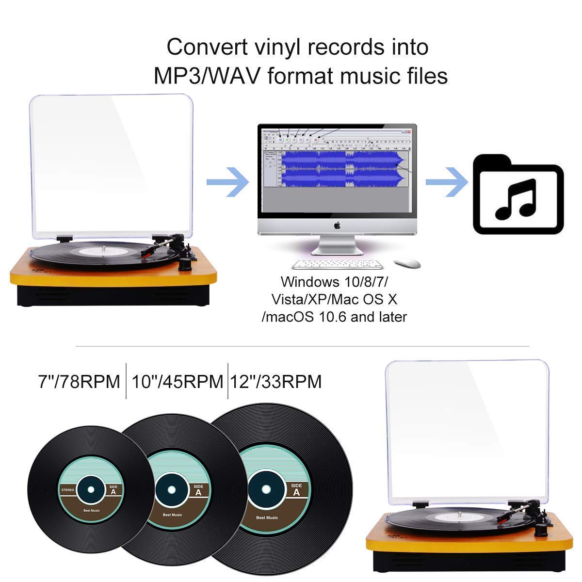 JORLAI 3-Speed Wooden Retro Turntable Belt Driven LP Vinyl Record Player with Built-in Stereo Speakers, Support Vinyl-To-MP3 Recording, Aux Input & RCA Output