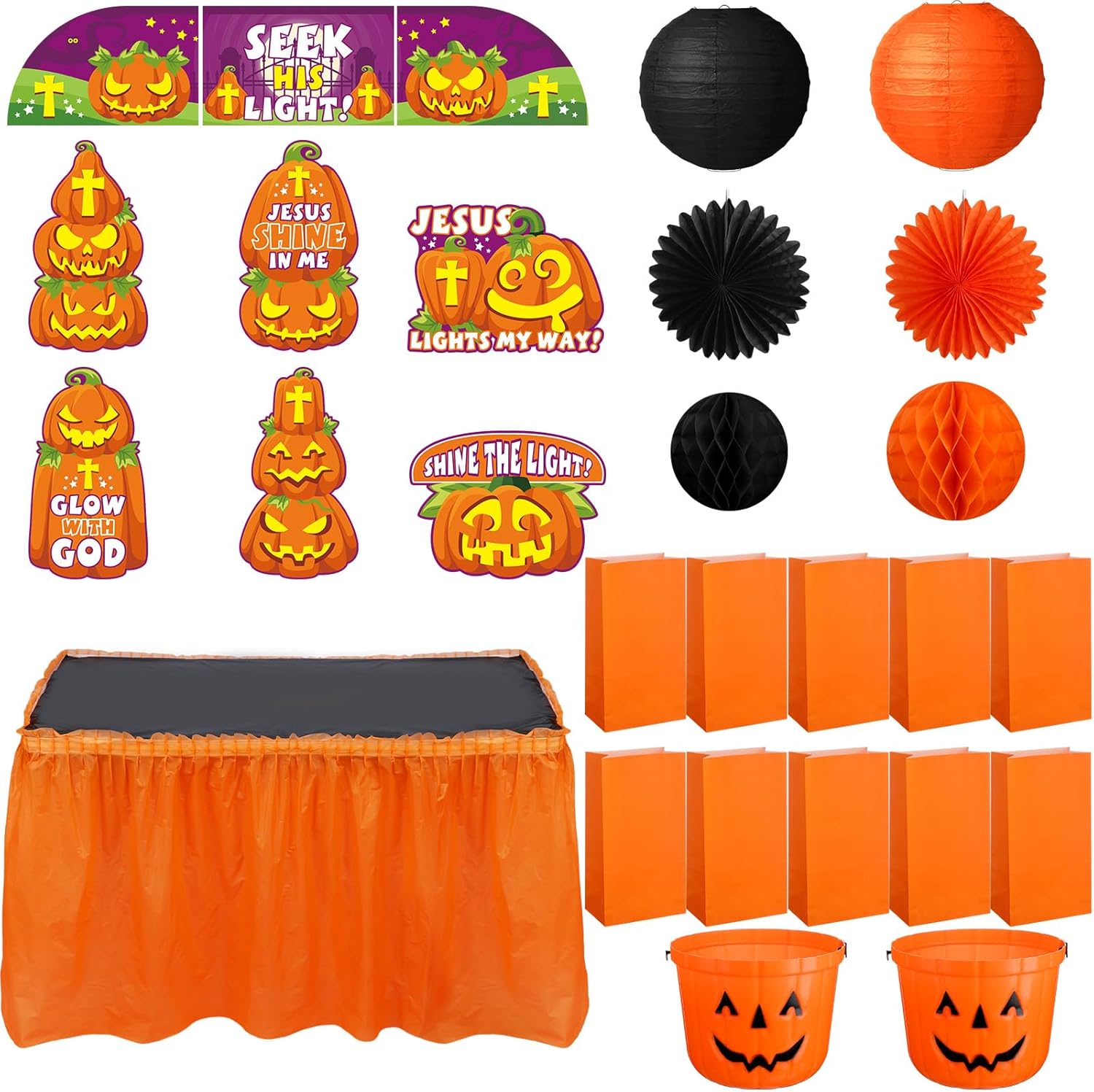 Garage Door Decorations - 29 Pcs Halloween Religious Theme Trunk or Treat Car Decorating Kit Christian Car Trunk Border Pumpkin Bucket Halloween Treat Bag Fan Lantern Honeycomb and Tablecloth for Halloween Party Decor