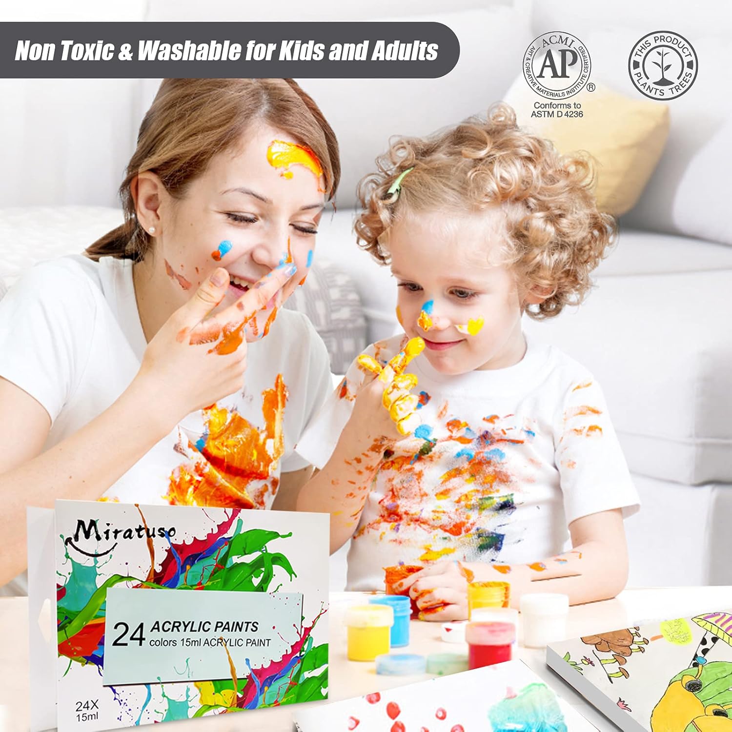 Miratuso Acrylic Paint Set 24 Colors with White Acrylic Paint Non Toxic Art Craft Paint Waterproof Painting Supplies for Rocks Canvas Glass Wood Gift for Kids Hobbyist Artist 0.5oz/15ml: Home Improvement