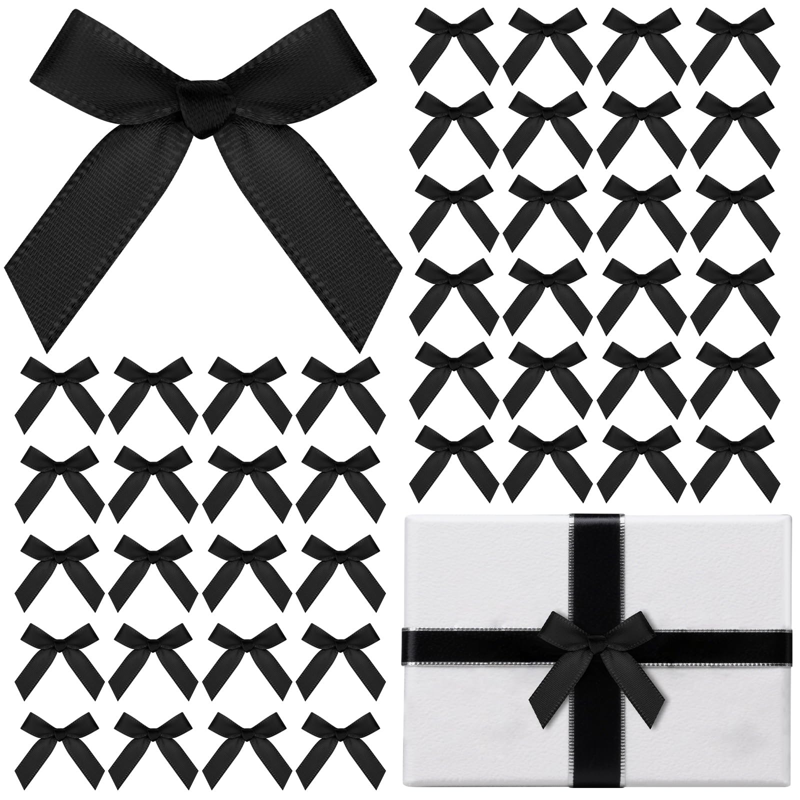 Photo 1 of 120 Pcs Mini Black Bows for Crafts with Self-Adhesive Dots, 1.57" Small Satin Ribbon Bows for Gift Wrapping Cake Decorations Sewing Scrapbook Card Making Wedding Bow Party Decoration