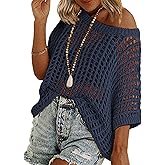 Zeagoo Short Sleeve Crochet Sweater Lightweight Summer Tops Loose Hollow Out Crewneck Pullover