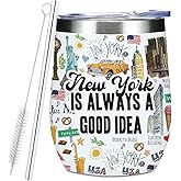New York Travel Wine Tumbler, 12 oz Tumbler with Lid, Straw Insulated Wine Glass Stainless Steel Travel Coffee Mug,New York Souvenir Gifts for Women Bridesmaid Friend City Lover Birthday Christmas