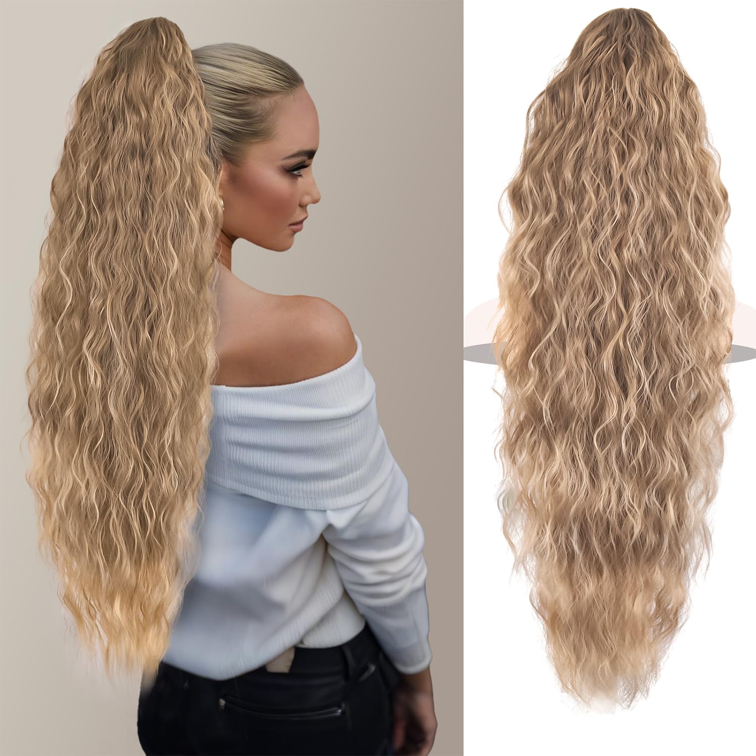 Photo 1 of 30 Inch Ponytail Extension, Clip on Ponytails for Women, Long Curly Ponytail Extensions for Women, Synthetic Layered Pony Tails Hair Extensions (Color: Ash Blonde with Bleach Blonde Ends)