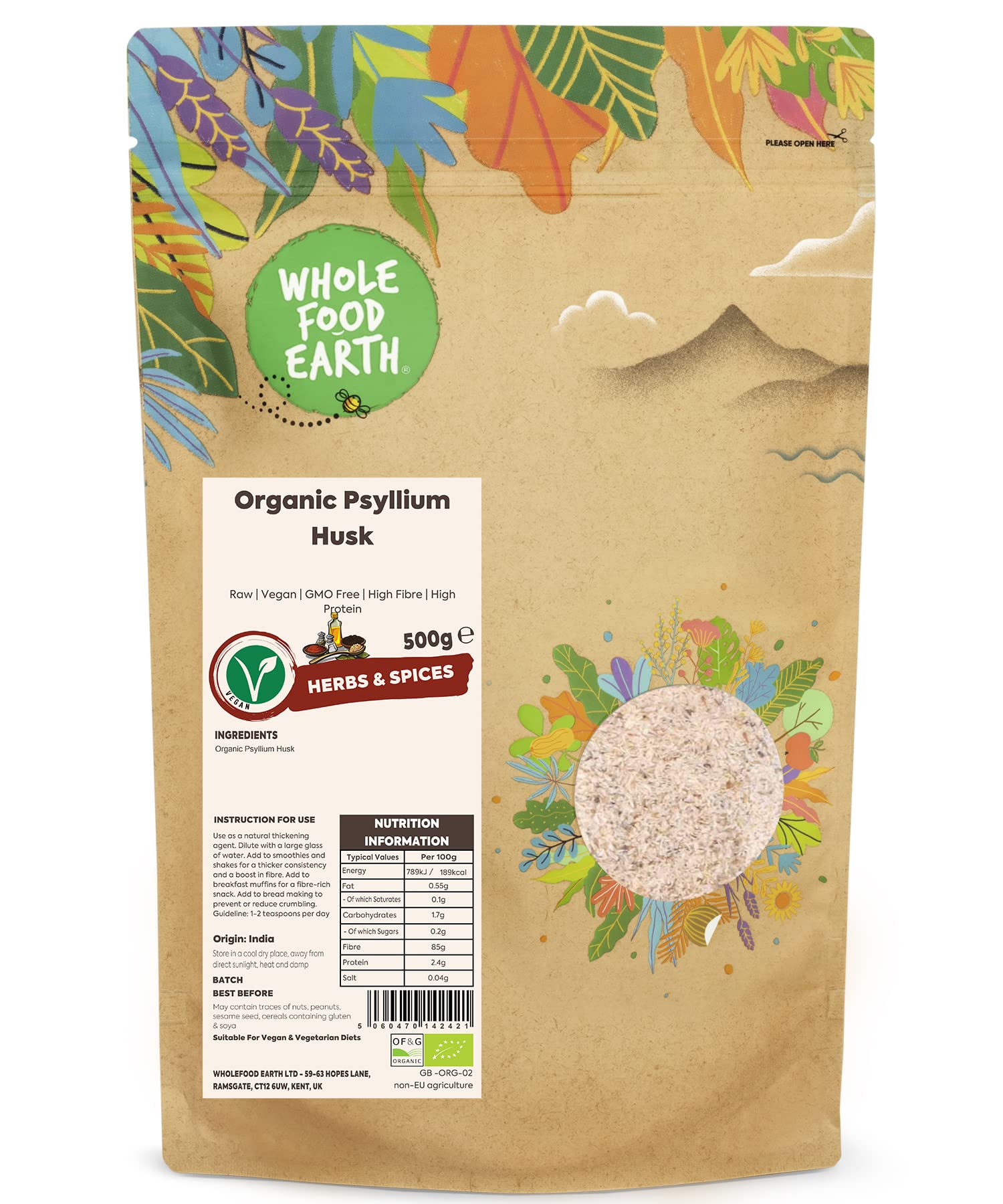 Wholefood Earth Organic Psyllium Husk 500g Raw | Vegan | GMO Free | High Fibre | High Protein | Certified Organic
