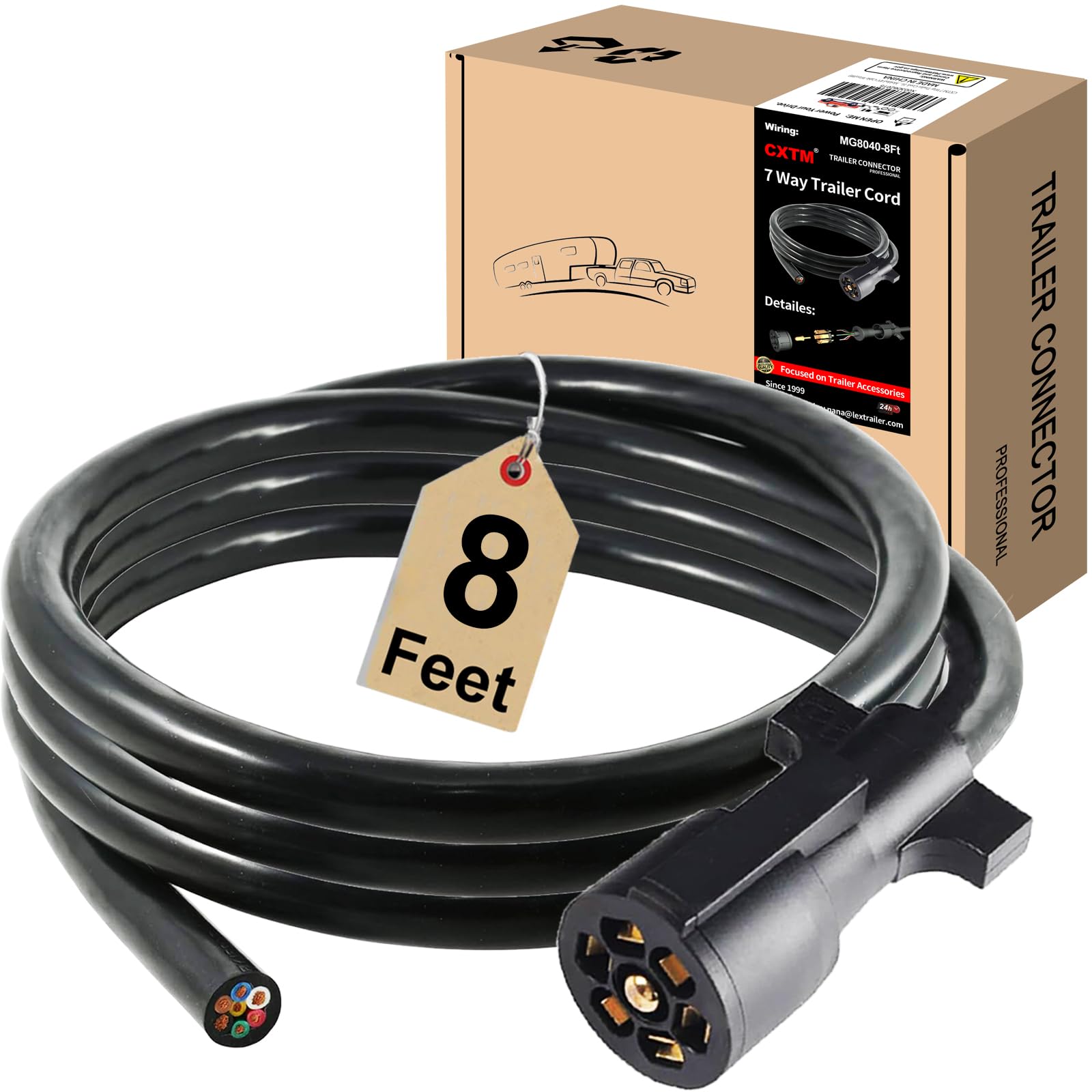 Photo 1 of CXTM 7 Way Trailer Cord, Heavy Duty 7 Way Trailer Plug Inline Cord Wire Harness Cable Double Prongs Connector 7 pin Trailer Wiring Harness 8 Feet for Camper Blade Molded RV Cable Wire(8ft)