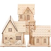 3 Pcs Christmas Village Houses: Led Light Wooden House with Battery, Unfinished Rustic Holiday Village Decor - Perfect for Christmas Table Centerpieces, Xmas Party Decorations,DIY Crafts