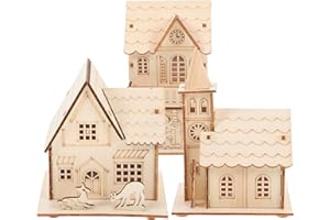 Toyvian 3 Pcs Christmas Village Houses: Led Light Wooden House with Battery, Unfinished Rustic Holiday Village Decor - Perfect for Christmas Table Centerpieces, Xmas Party Decorations,DIY Crafts