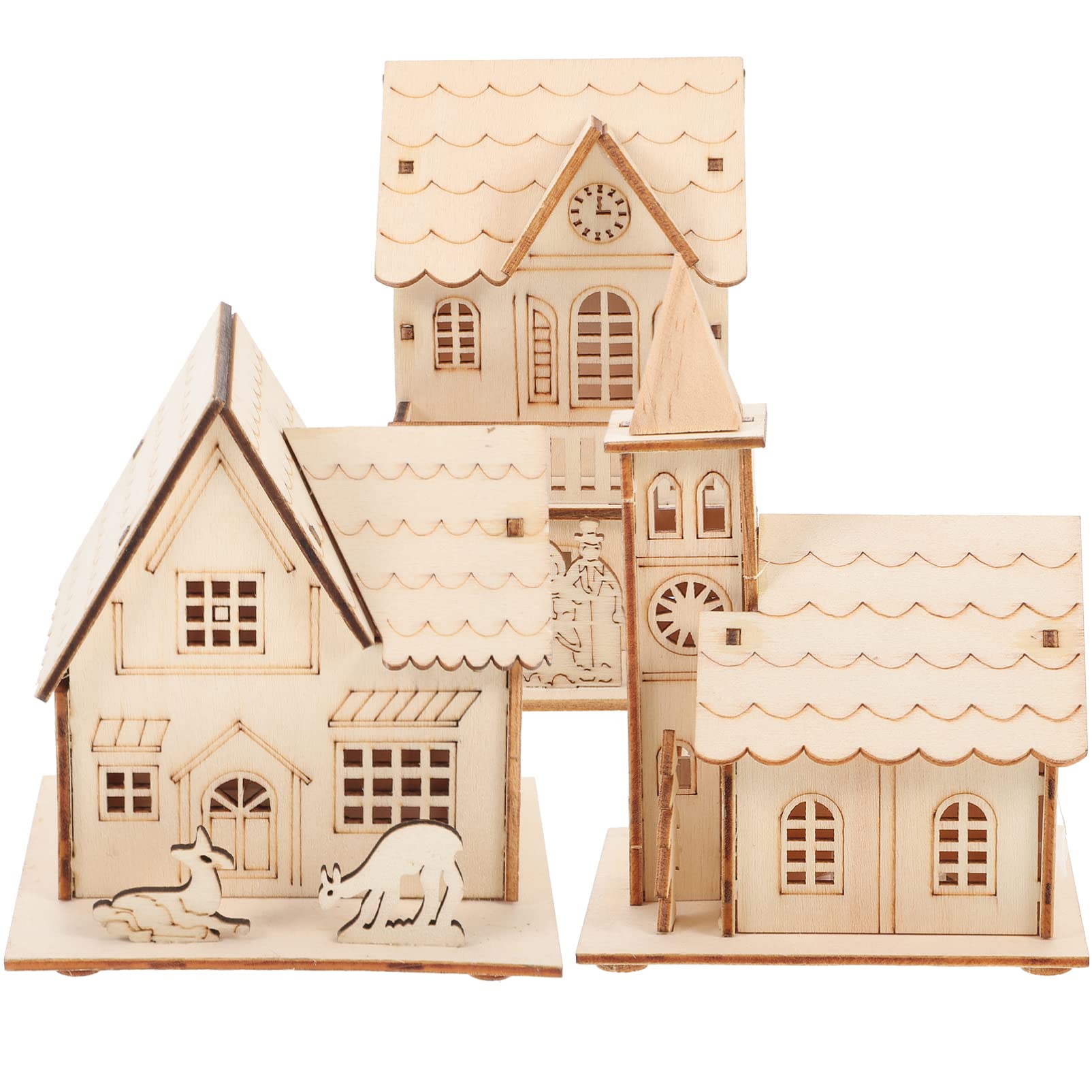 View 1 of 3 Pcs Christmas Village Houses: Led Light Wooden House with Battery, Unfinished Rustic Holiday Village Decor - Perfect for Christmas Table Centerpieces, Xmas Party Decorations,DIY Crafts