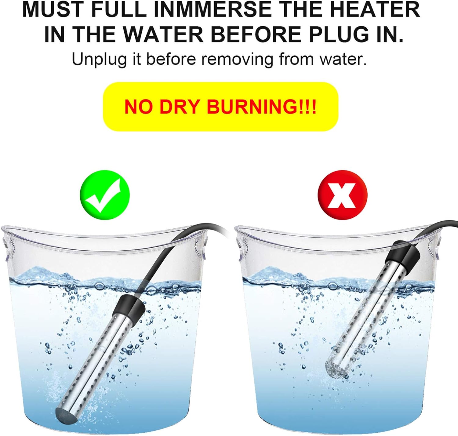 Gesail 1500W Electric Immersion Heater, UL-Listed Bucket Water Heater with 304 Stainless-steel Guard, Submersible Bucket Heater with Thermostat and Auto Shutoff, Heats 5 Gallons Water in Minutes - - 