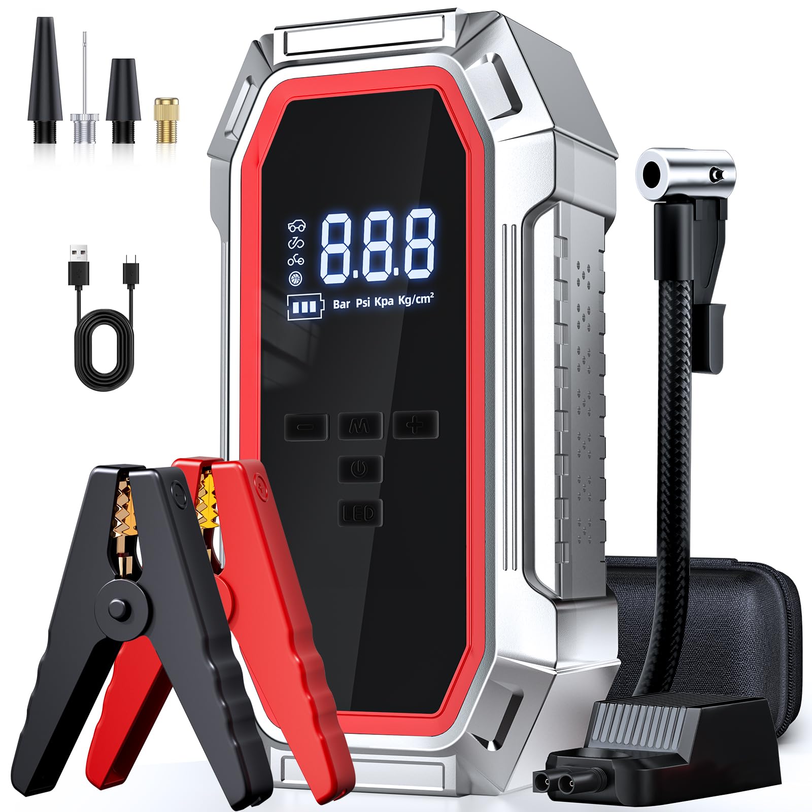 Photo 1 of Jump Starter with Air Compressor, 5000A Peak Car Battery Jump Starter(9.0 Gas/8.0L Diesel), 160PSI 12V Jump Box Car Battery Jumper Starter Portable with Jumper Cables, LED Lights, LCD Display