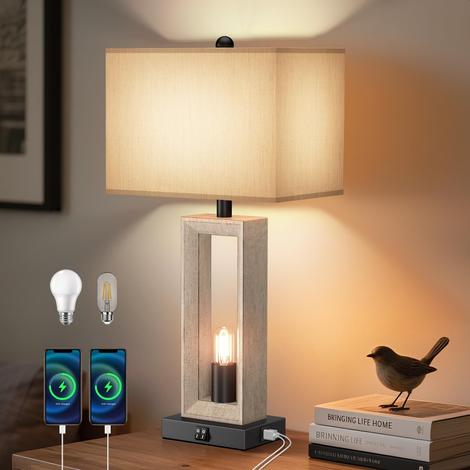 Photo 1 of Farmhouse Table Lamps - 3 Color Temperature Bedside Lamps with USB A+C Ports, Night Light & Fabric Shades, Rustic 24.5” Lamps for Bedroom & Living Room, 2 Bulbs Included