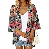 GKBK Women Floral Print Puff Sleeve Kimono Cardigan Loose Swimsuit Beach Cover Up Casual Blouse Summer Tops Capes