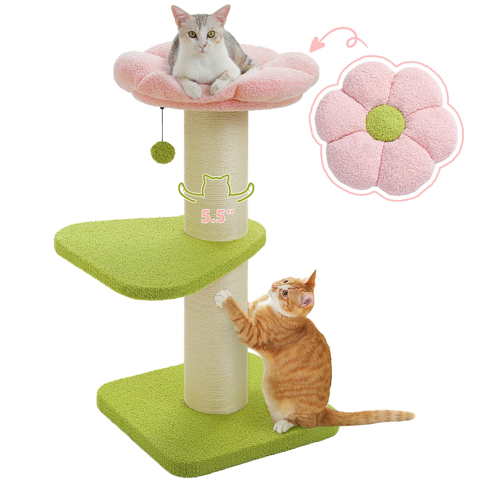 Photo 1 of PEQULTI 36'' Cat Tree, XL Cat Scratching Post for Large Cats, Cute Cat Tower with Super Thick Scratching Post [Dia=5.5''], Removable Flower Bed, Tall Scratcher for Indoor Cats, Pink