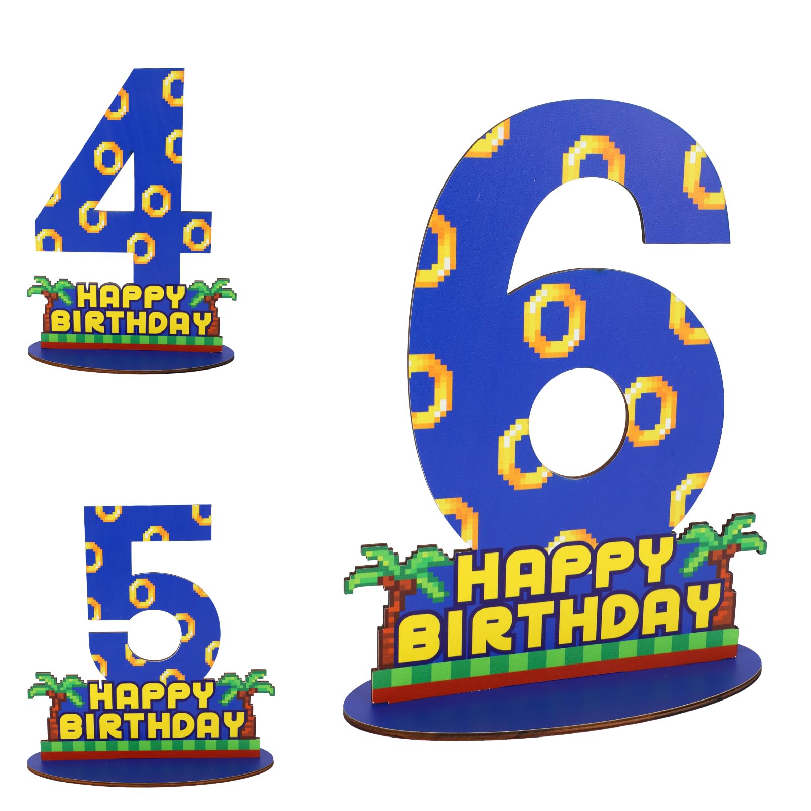 SAVITA 6th Birthday Centerpiece, Blue with Gold Ring Print Birthday Party Table Topper Wooden 6th Number Stand Sign with Base for Kids Party Decorations Table Centerpiece Photo Prop