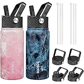 BJPKPK 2 Pack Insulated Water Bottles with Straw Lids, 18oz Stainless Steel Metal Water Bottle with 6 Lids, Leak Proof BPA Free Jugs, Cups, Flasks for Travel, Sports (Blossom+Ocean)