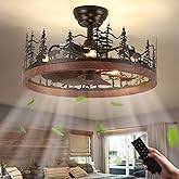 Merexcint Farmhouse Rustic Ceiling Fan with Light and Remote, 21 Inch Flush Mount Vintage Bladeless Rustic Chandeliers Fan, R