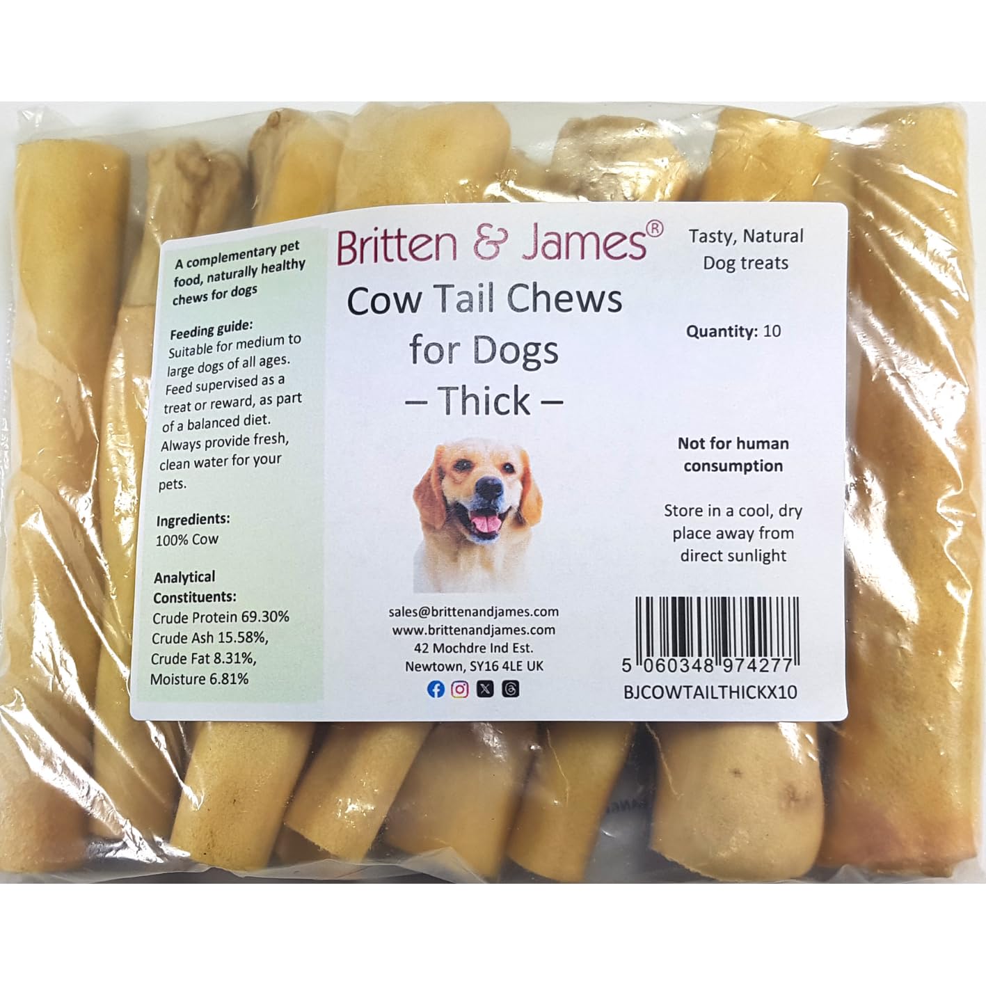Britten and James 10 Thick Cow Tails for Dogs (15cm length). 100% Natural Beef Dog Treat Chew and Long-Lasting Dental Stick