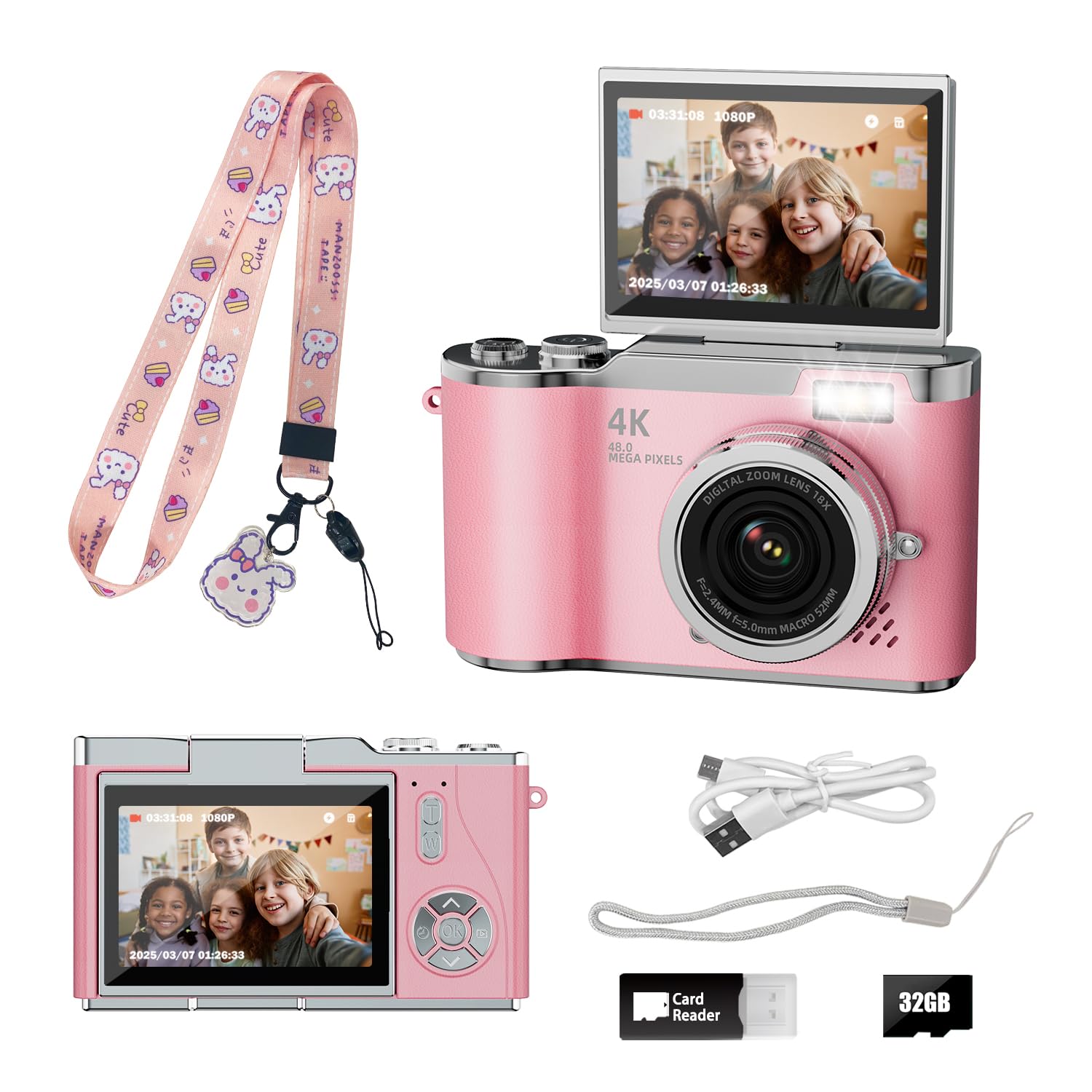 Photo 1 of HEYMAO Kids Camera,4K Digital Camera for Photography,48MP 1080P HD Video Selfie Camera,with 180° Flip Screen Flash,with 32GB SD Card,for Starter Kid Children Teen Student Girl Boy(Pink)