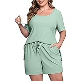 ZHUHOUSE Womens Plus Size Pajama Sets 2 Piece Summer Outfits Short Sleeve Tops Shorts with Pockets for Lounge Sleepwear
