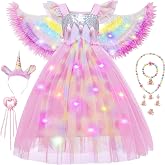 Unicorn Costume for Girls Halloween Costume, LED Light Up Princess Costume | Light Up Unicorn Dress Princess Dress Up with Wing Halloween Birthday Party Gifts for Girls Toddlers