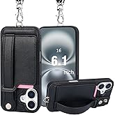 TOOVREN Phone Case for iPhone 16 Wallet Case with Card Holder Stand Strap Lanyard Case fits iPhone 16 Case with Wallet PU Leather Shockproof Detachable Phone Cover for Women & Men 6.1 Inch Black