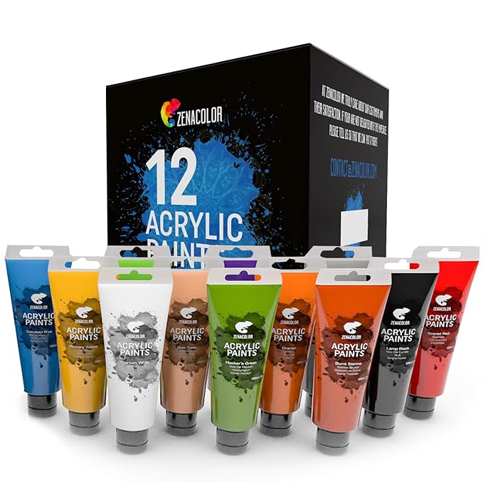 Zenacolor Kit di 12 Colori Acrilici, 12 Tubetti da 120 ml, 12 Colori
