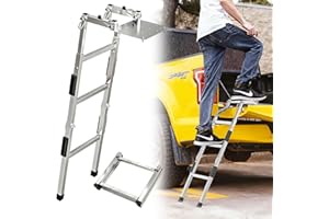 KEPLREND Tailgate Ladder for Pickup Trucks Bed Universal Fit - Rust-Proof Stainless Steel Truck Step Adjustable 45", Foldable Ladder & Non-Slip Aluminium Steps, Steel Self Drilling Screws, Straps & Bumper Pad