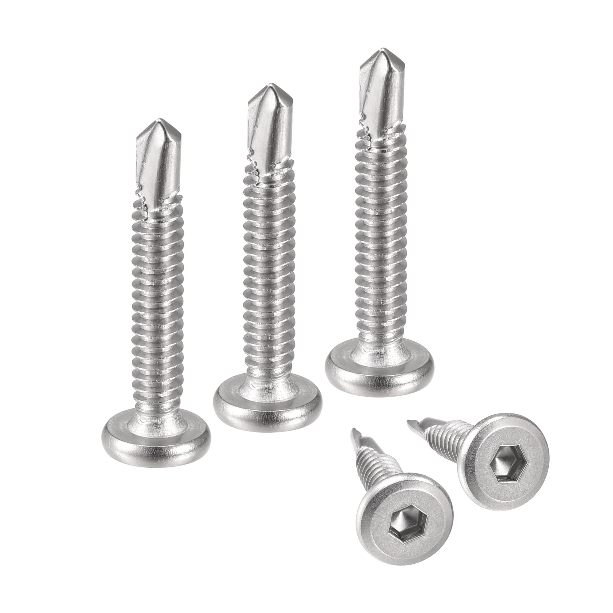 sourcing map Hex Socket Self Tapping Screws, #10 x 1-1/4" 410 Stainless Steel Sheet Metal Flat Head Drilling Screw 100pcs, Silver