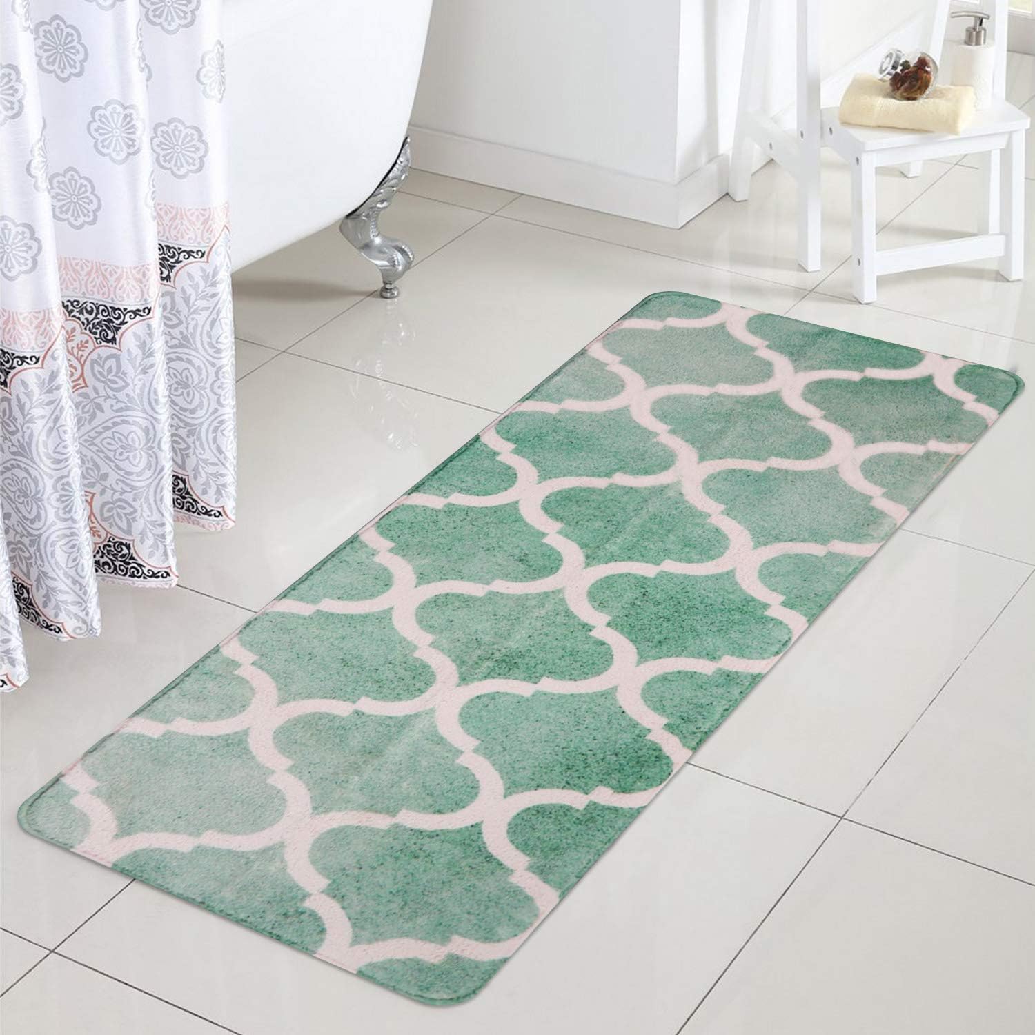 okstore1988 Cute Doormat Bathroom Rug Runner Light Green Moroccan Velveteen Bath Mat 18x47 inch Non-Slip Geometric Long Kitchen Rugs Soft Microfiber Floor Carpet for Shower Bathtub