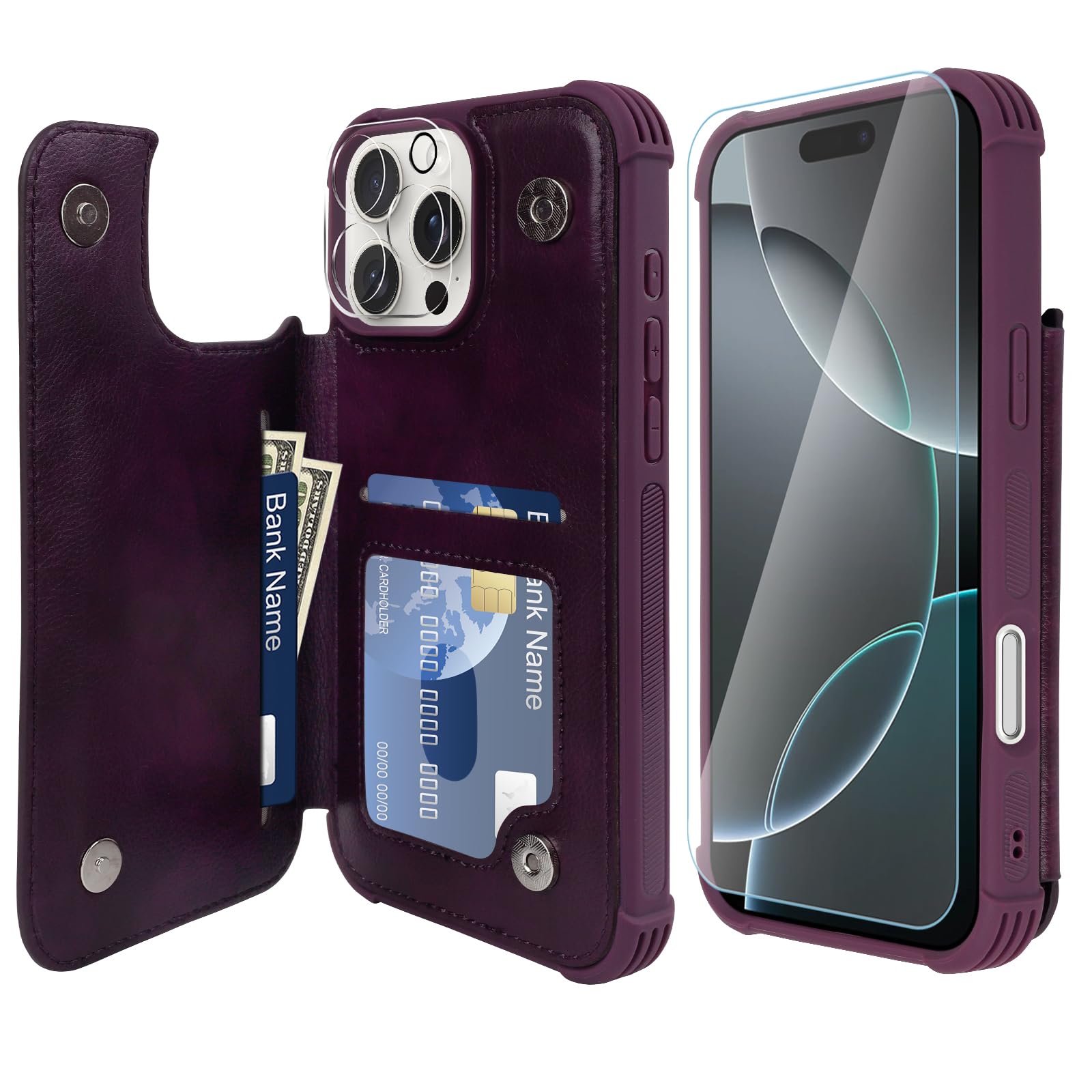 VANAVAGY Compatible for iPhone 16 Pro Wallet Case with Credit Card Holder,Rfid Leather Flip Folio Phone Cover Fits Magnetic Car Mount and Stand with Screen Camera Protector,Purple