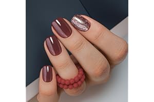 Curvlife 30pcs Press on Nails, Short Square Acrylic Fake Nails with Wine Red Glitte Apricot Design Full Cover False Glossy Nude Artificial for Women