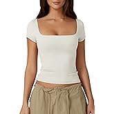 QINSEN Women's Square Neck Short Sleeve Double-Layer Tops Basic Slim Fit Going Out T Shirt