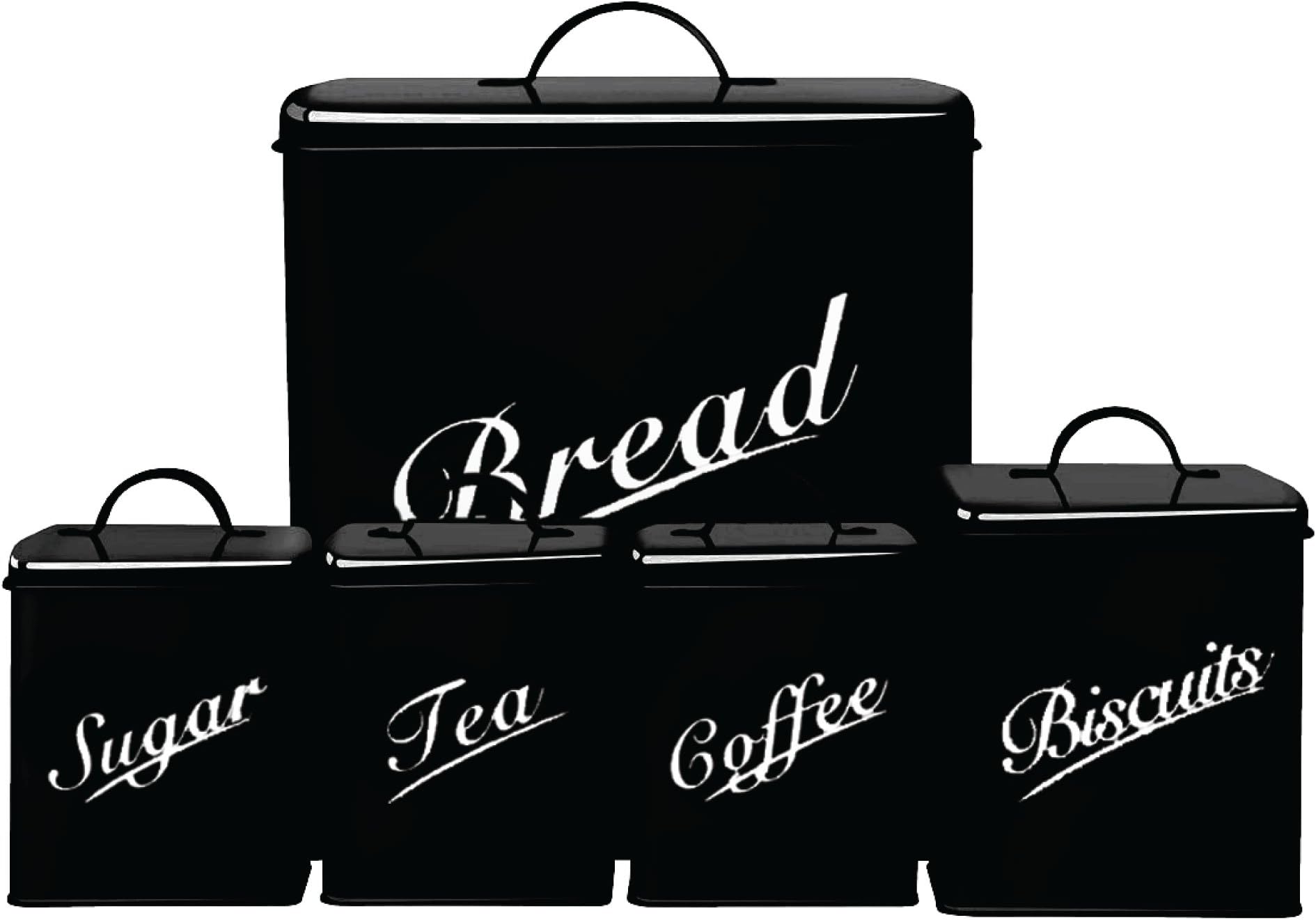 Chef Vida Biscuits/Tea/Coffee/Sugar/Bread Bin Kitchen Storage Canister Set, Metal, Black, 5-Piece