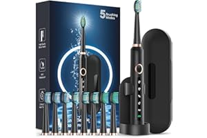 Rtauys M5 Sonic Electric Toothbrush for Adults and Kids - Rechargeable Electric Toothbrush Kids Ages 12+ and Adults with 8 Brush Heads & Travel Case, 120 Days Battery Life - Black