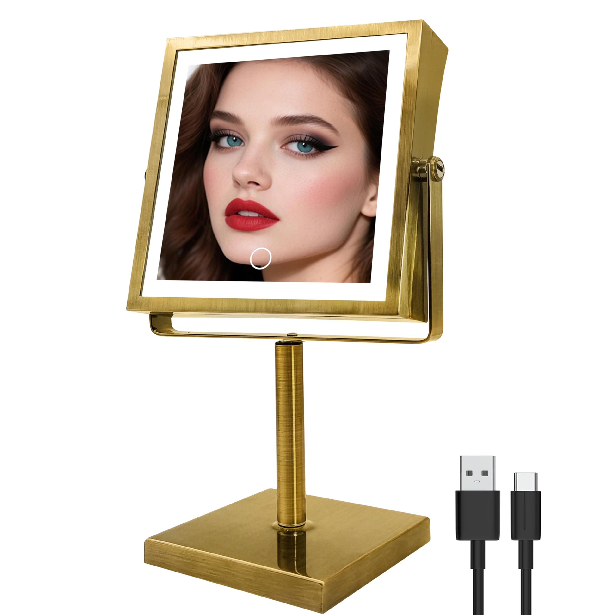 Photo 1 of RUACQ Rechargeable Makeup Mirror, 4000mAh Lighted Makeup Mirror with Magnification 1X/10X, Height Adjustable vanity mirror with lights, 3 Color light, Adjustable Brightness,360°Rotation(Antique Brass)
